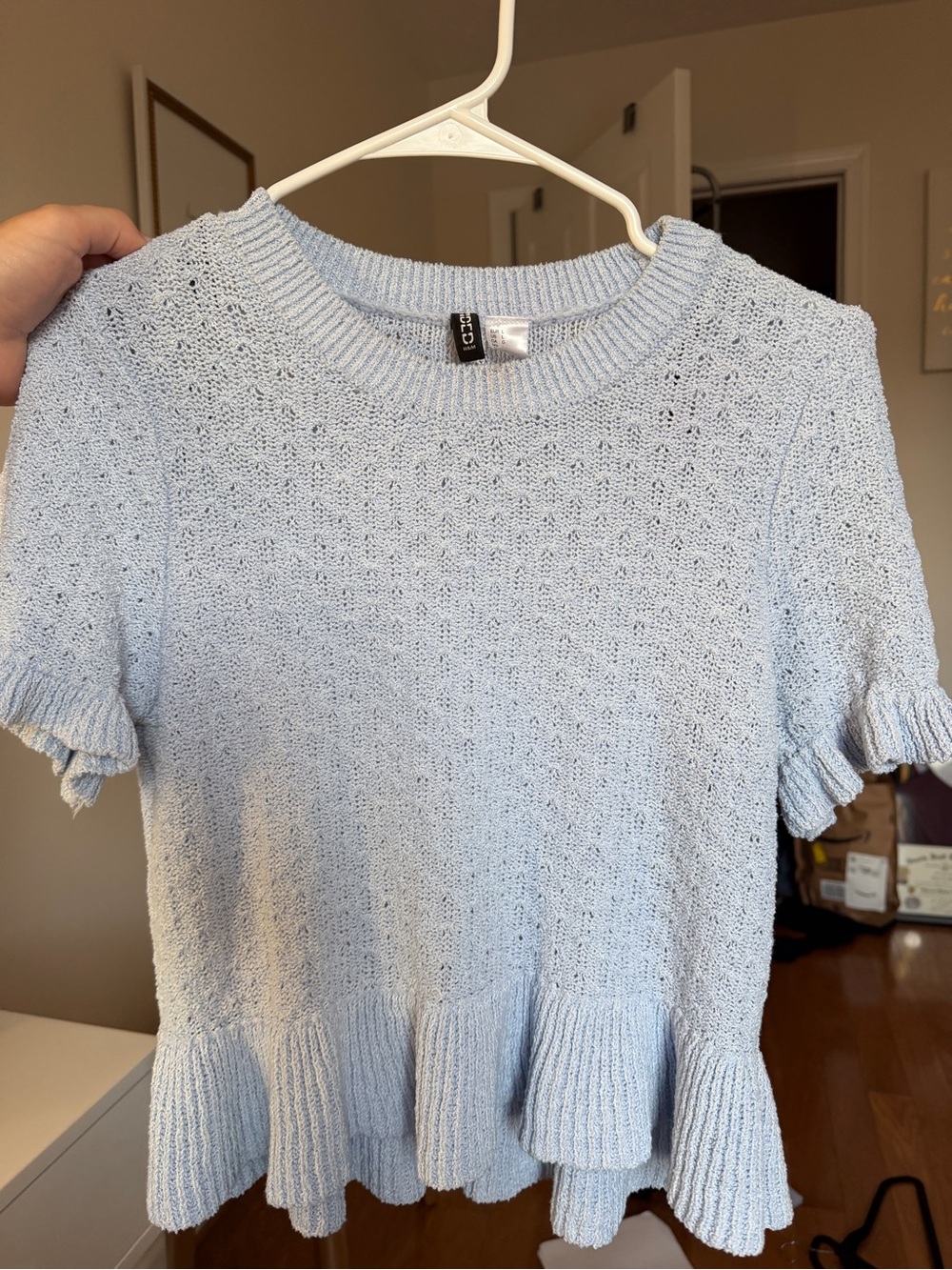 H&M Light Blue Knit Peplum Short Sleeve Top